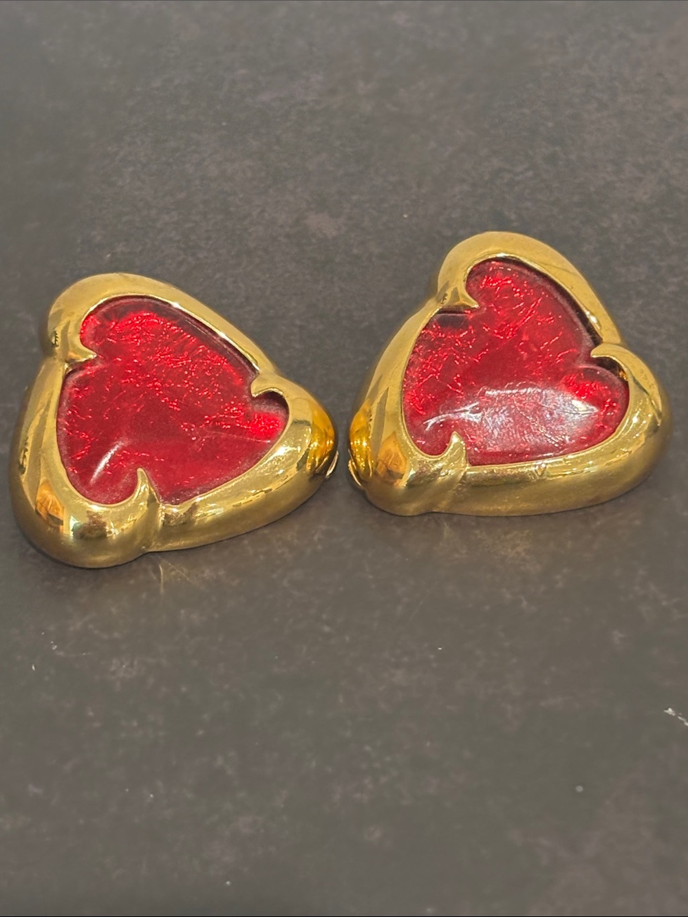 Vintage ESSEX Signed Caged Red Lucite Heart Earrings 1980s Runway Clip Ons